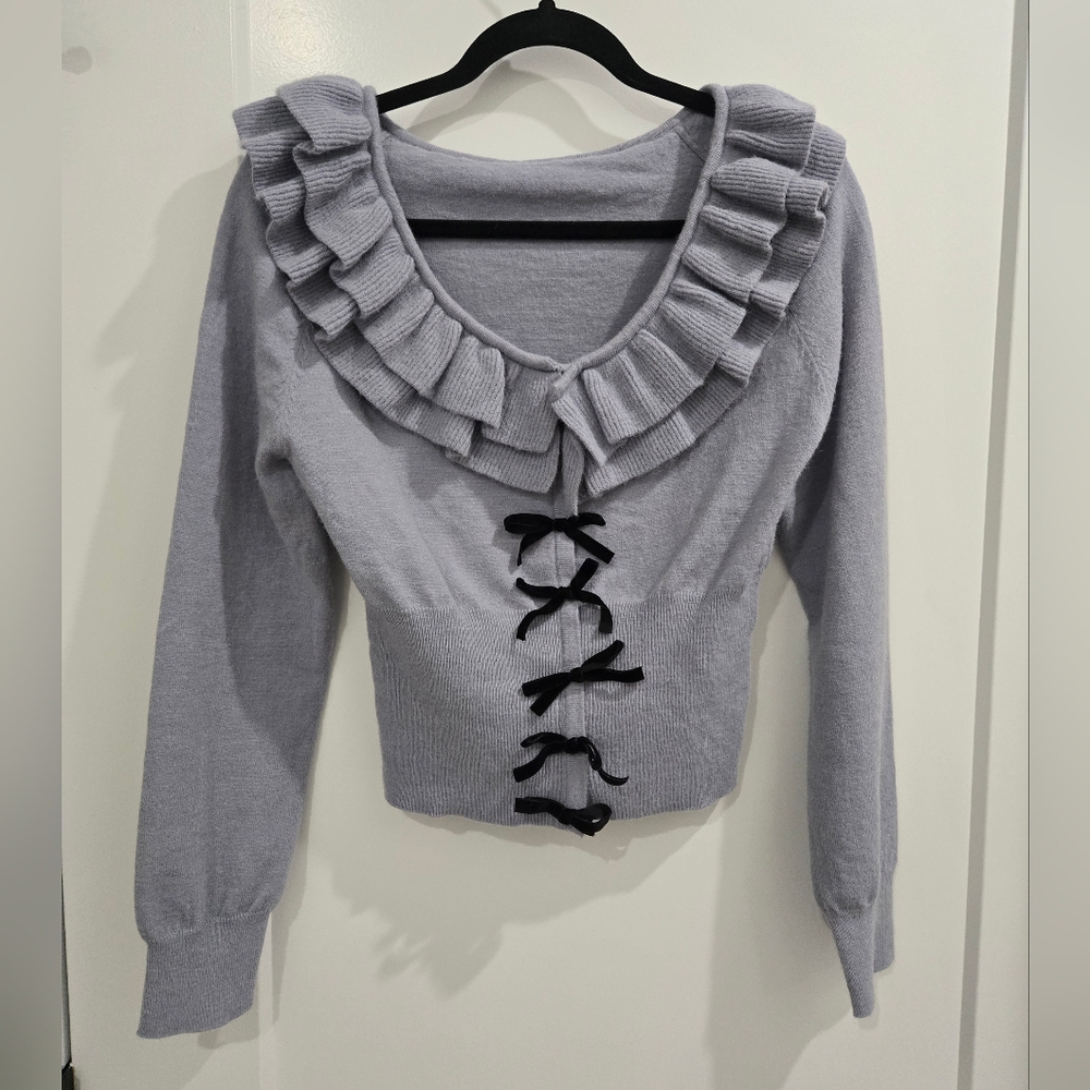 Ruffled Blue Gray Sweater with Black Lace-Up Detail